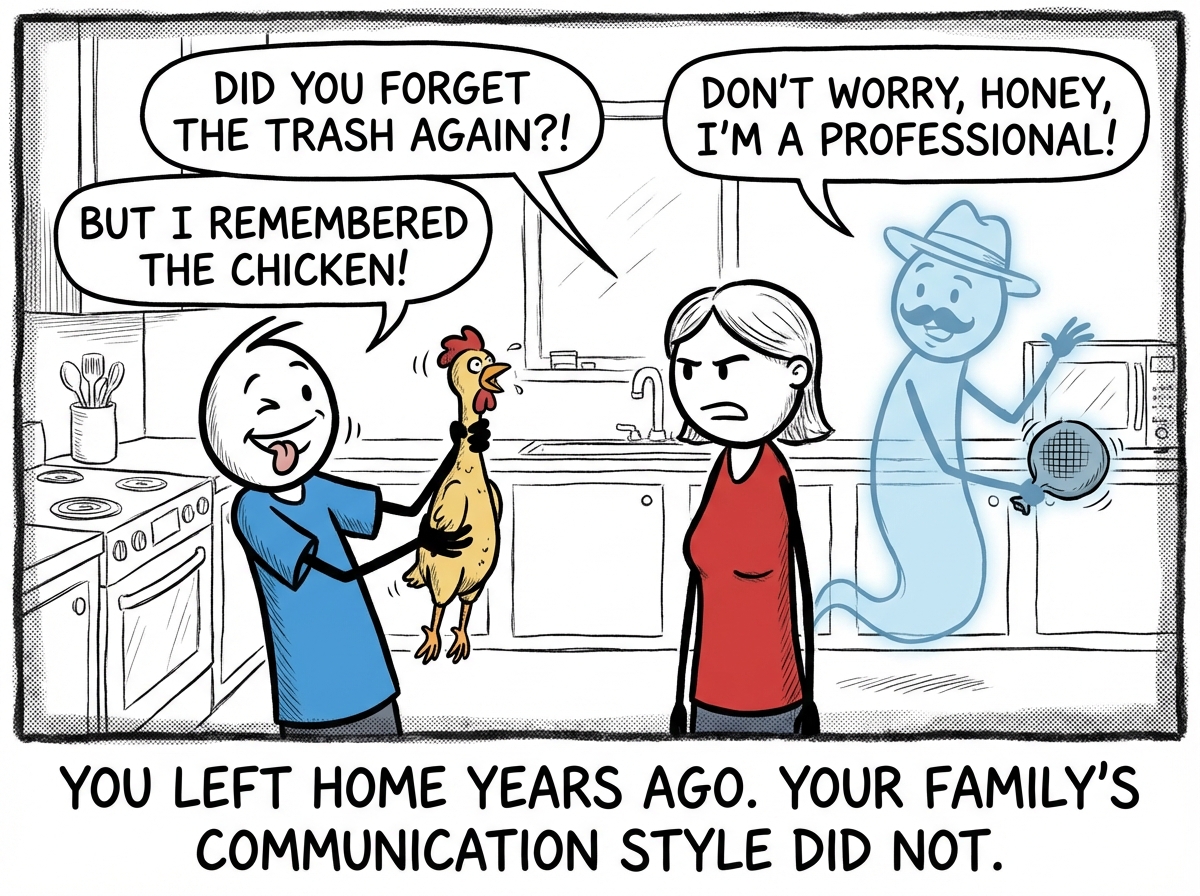 An adult stick figure in a new relationship automatically deflecting conflict with humor, just like their father did. A ghost of their father stands behind them, doing the same thing.