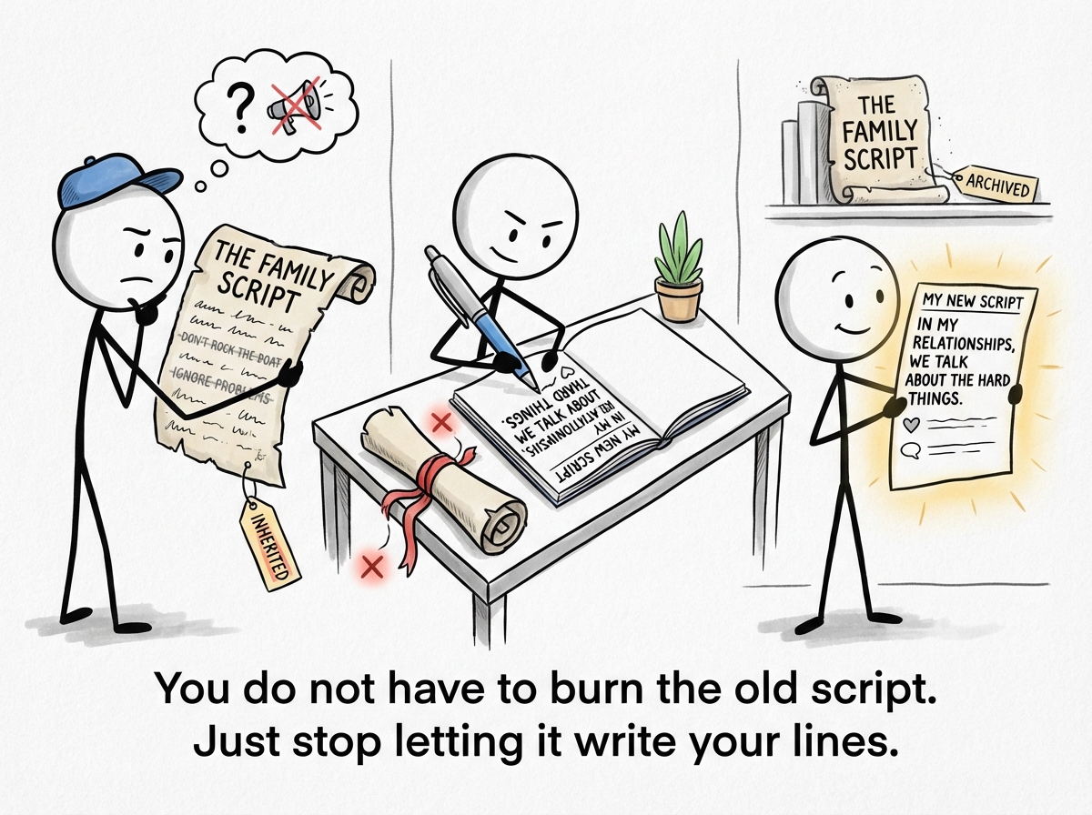 A stick figure holding the family script, reading it, and then deliberately writing a new page that says 'In my relationships, we talk about the hard things.' The old script is set aside, not burned -- acknowledged.