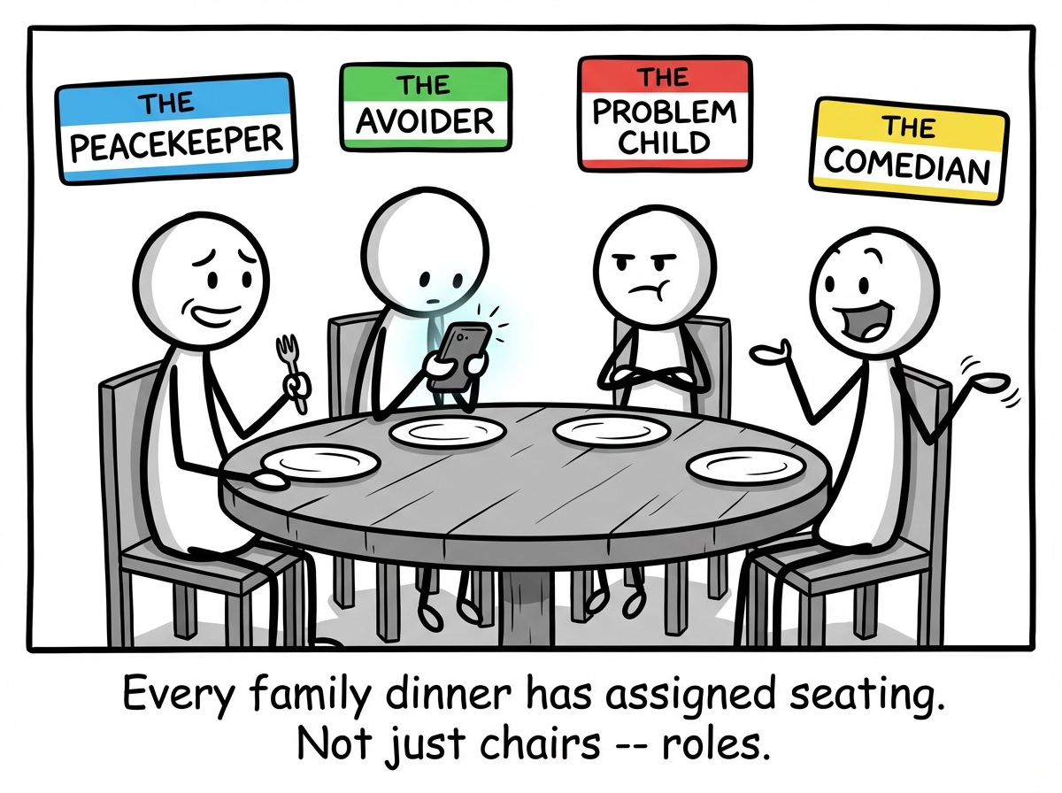 A family seated at a dinner table. Each person wears a name tag with their role: 'The Peacekeeper' (smiling anxiously), 'The Avoider' (looking at their phone), 'The Problem Child' (arms crossed), and 'The Comedian' (mid-joke). Everything looks normal on the surface.
