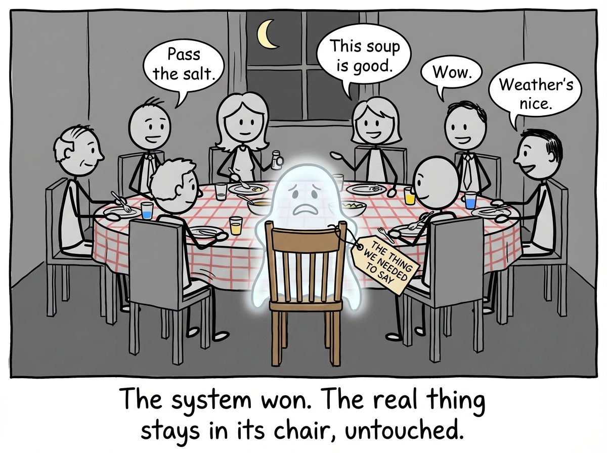 The moment has passed. Everyone is back in their role. The real thing remains unsaid, sitting visibly in an empty chair at the table like a ghost. A label on the chair reads 'The Thing We Needed To Say.'