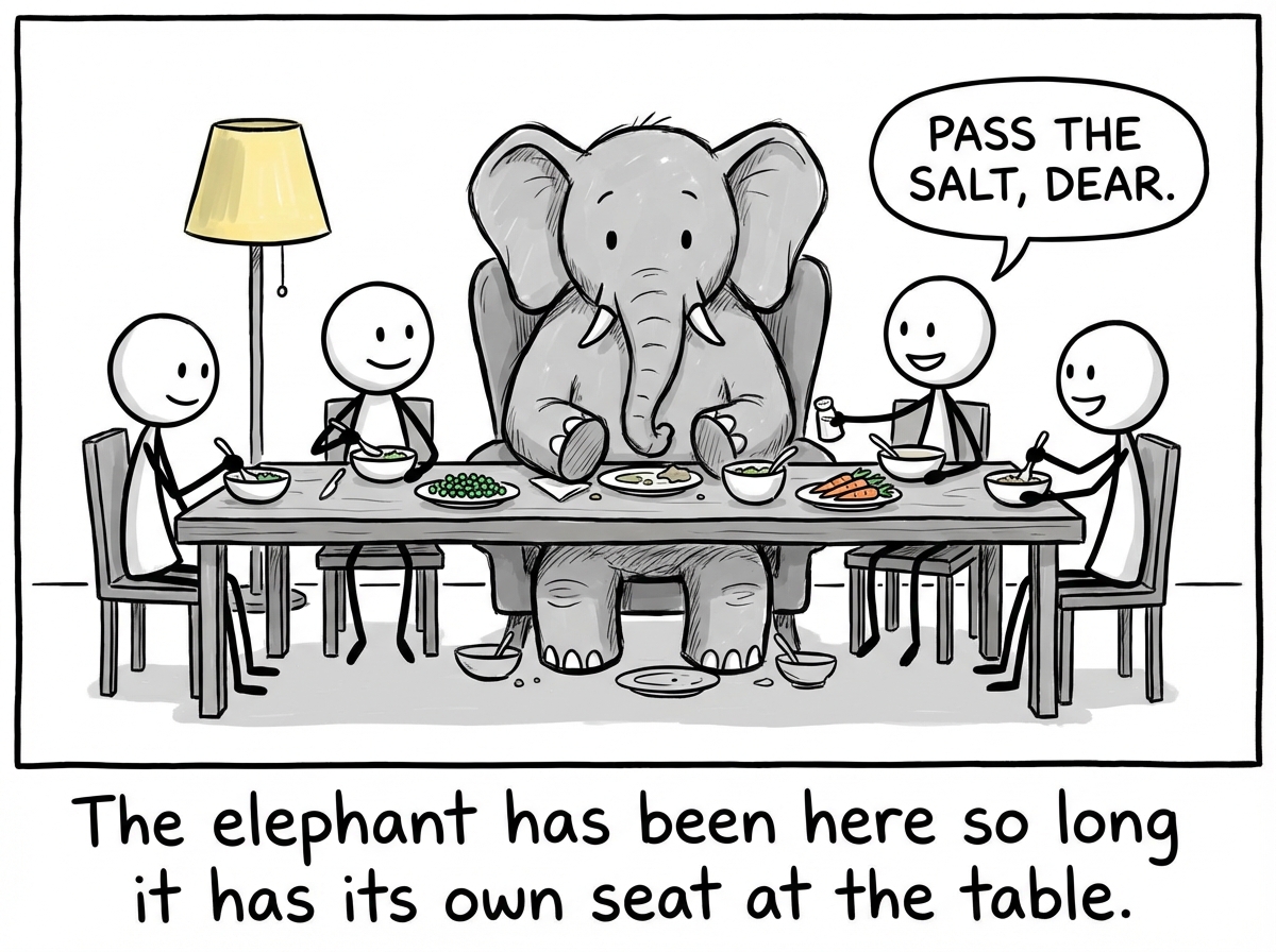 A family gathered around a dinner table having a pleasant conversation. In the middle of the table sits a massive elephant, clearly visible to everyone. Everyone is smiling and eating around it as if it does not exist.