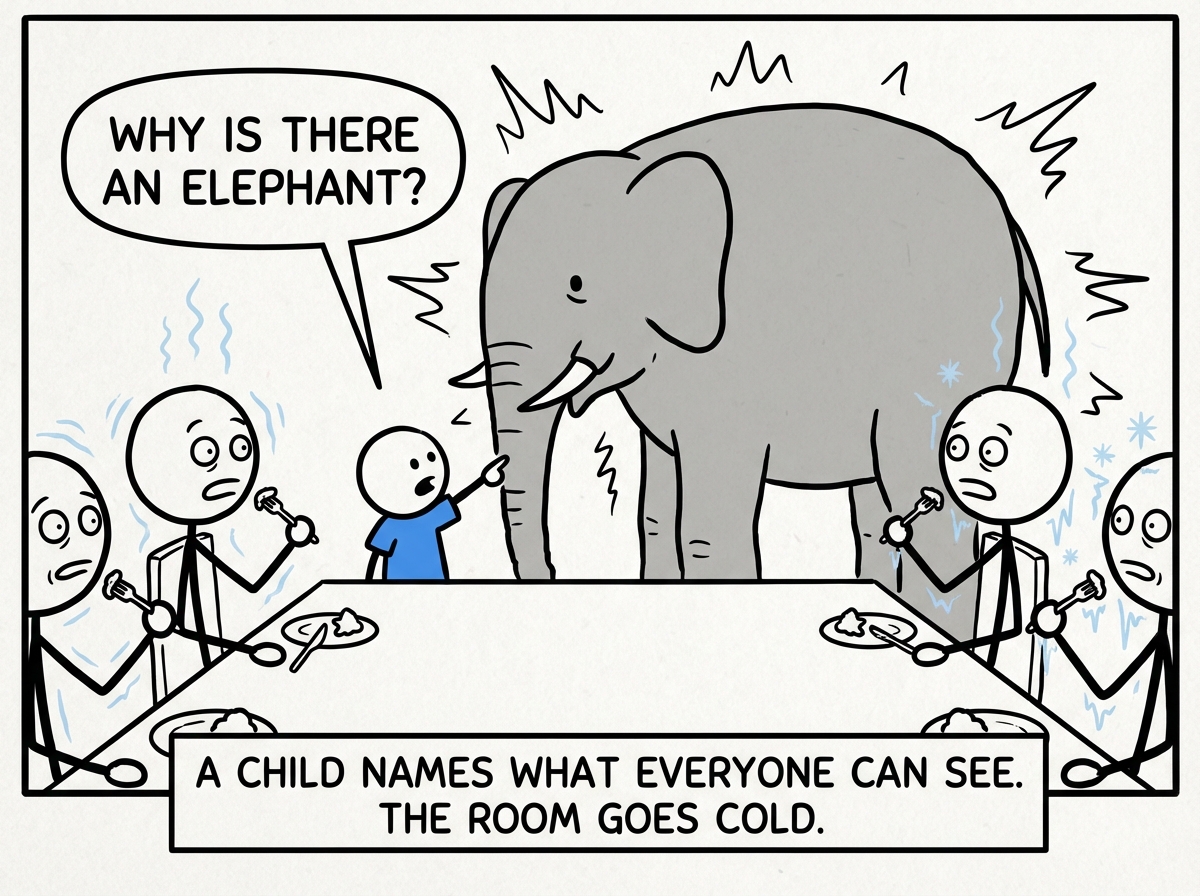 A small child at the table points directly at the elephant and says 'Why is there an elephant?' Every adult freezes. Forks suspended. Smiles locked. The air changes.