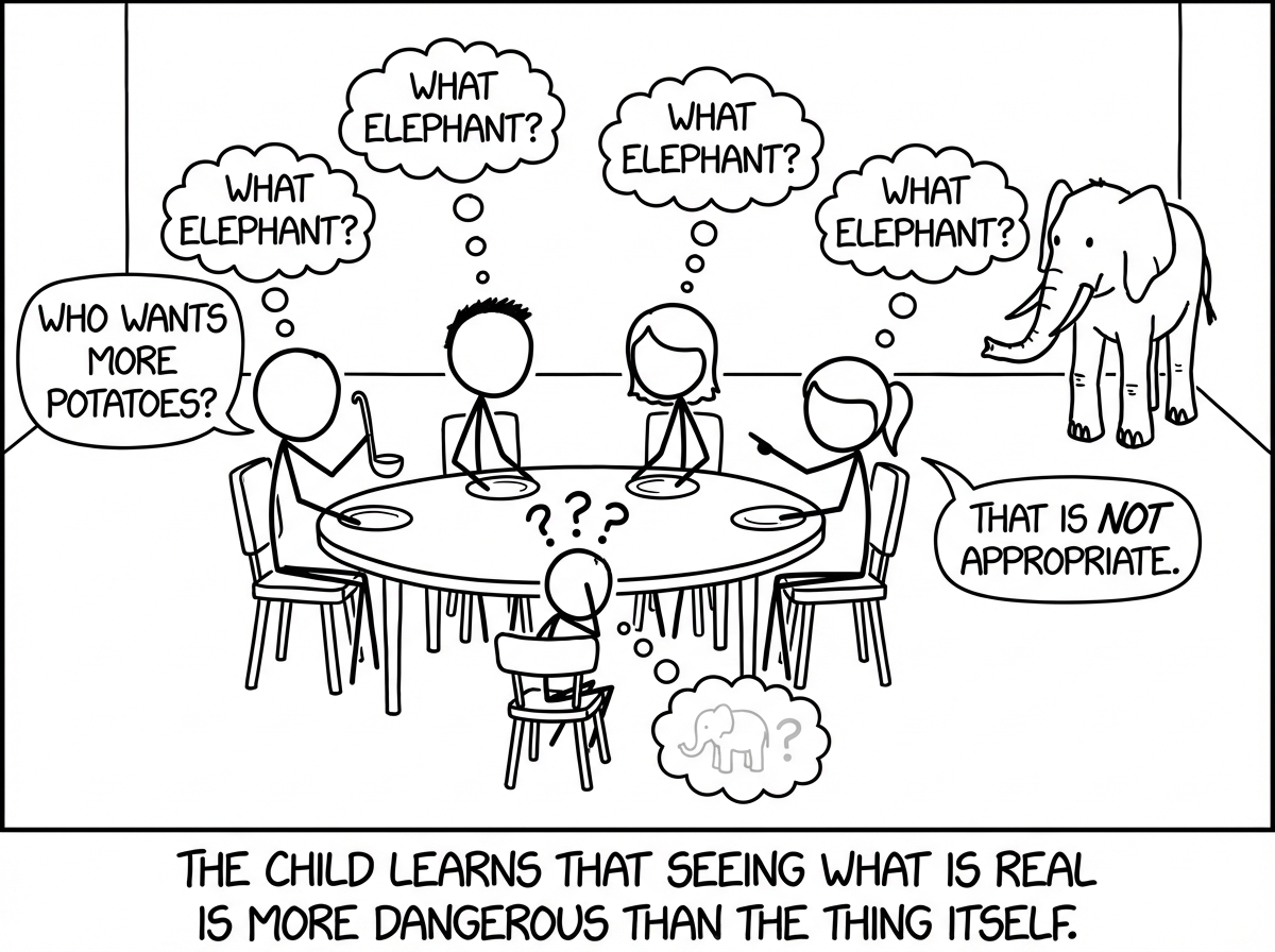 Every adult responds simultaneously: 'What elephant?' One redirects: 'Who wants more potatoes?' Another scolds: 'That is not appropriate.' The child looks confused, starting to doubt what they saw. The elephant remains.
