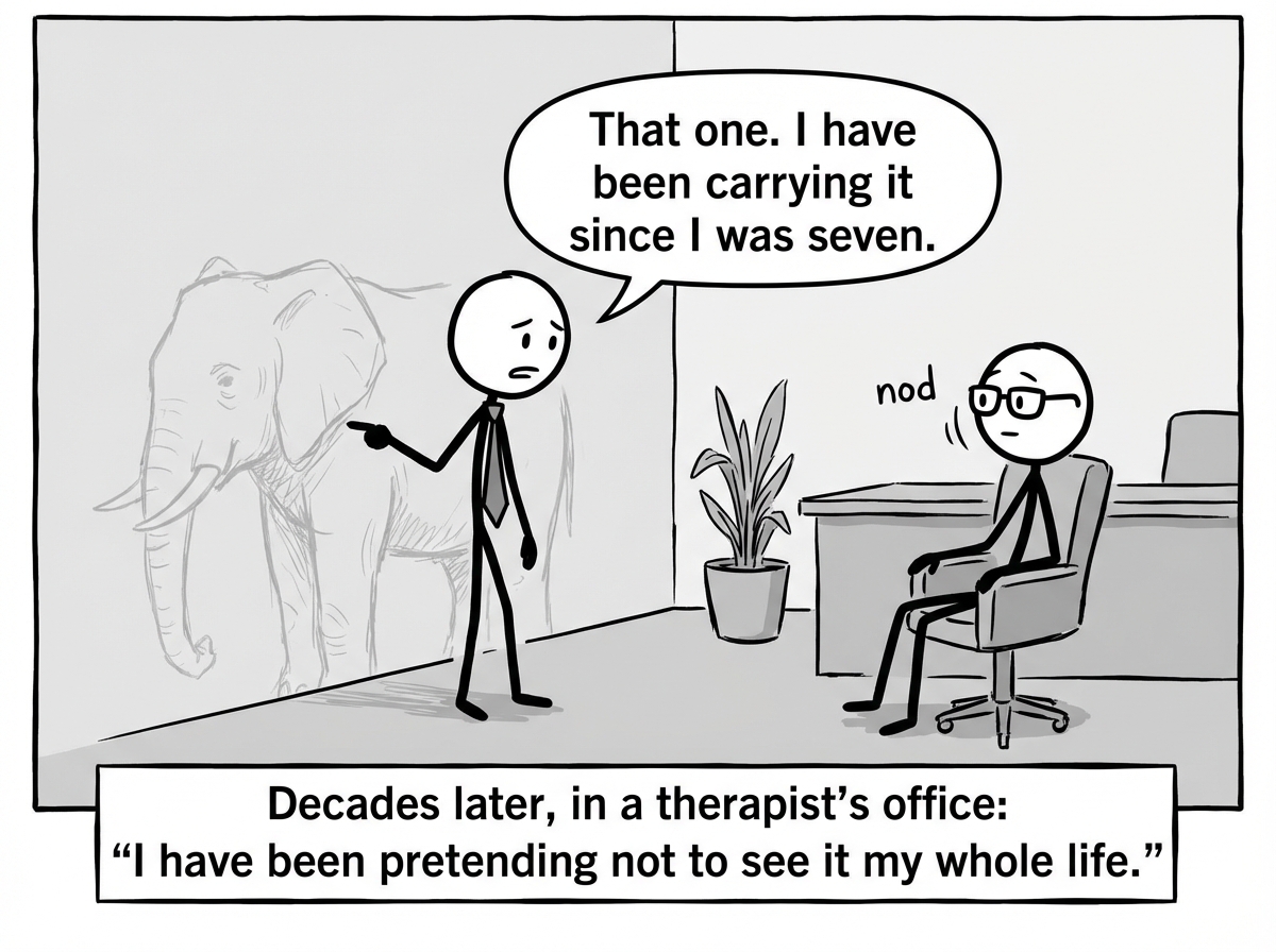 Years later. The child is now an adult in a therapist's office. Behind them, the faint outline of the elephant is still visible. They point at it and say: 'That one. I have been carrying it since I was seven.' The therapist nods.