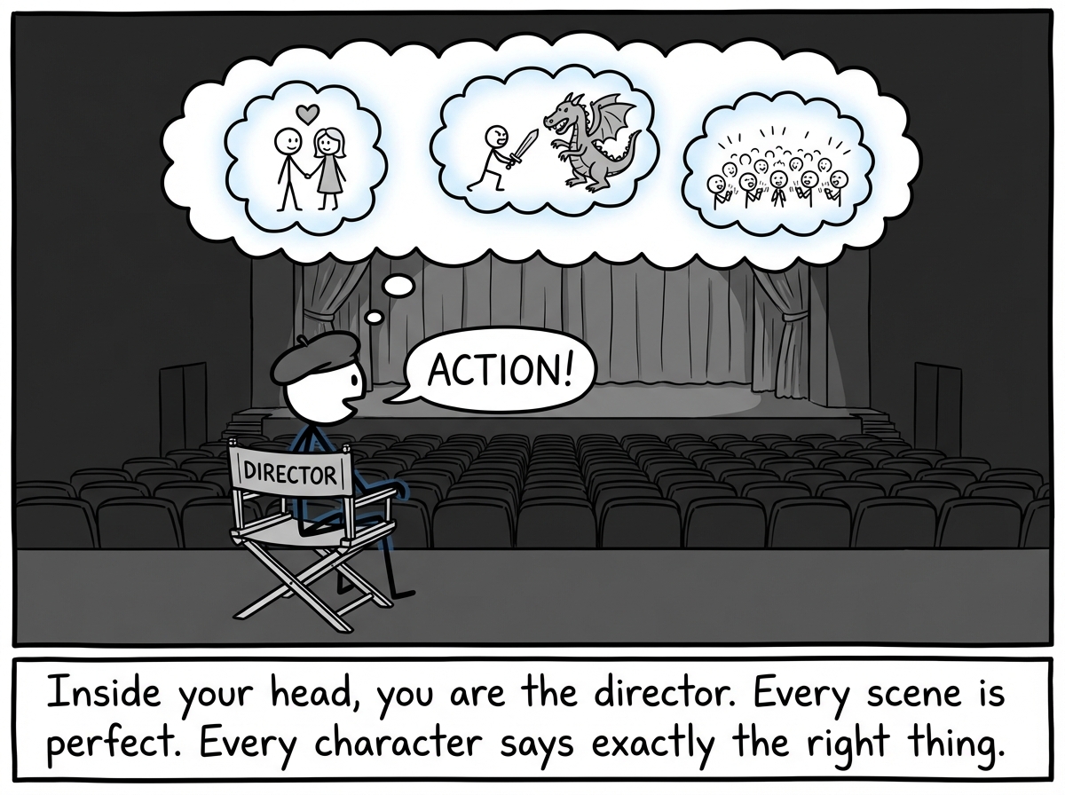 A stick figure sitting in a director's chair inside a theater of their own mind, calling 'Action!' while elaborate fantasy scenes play out on a stage -- a perfect love story, a heroic adventure, an adoring audience