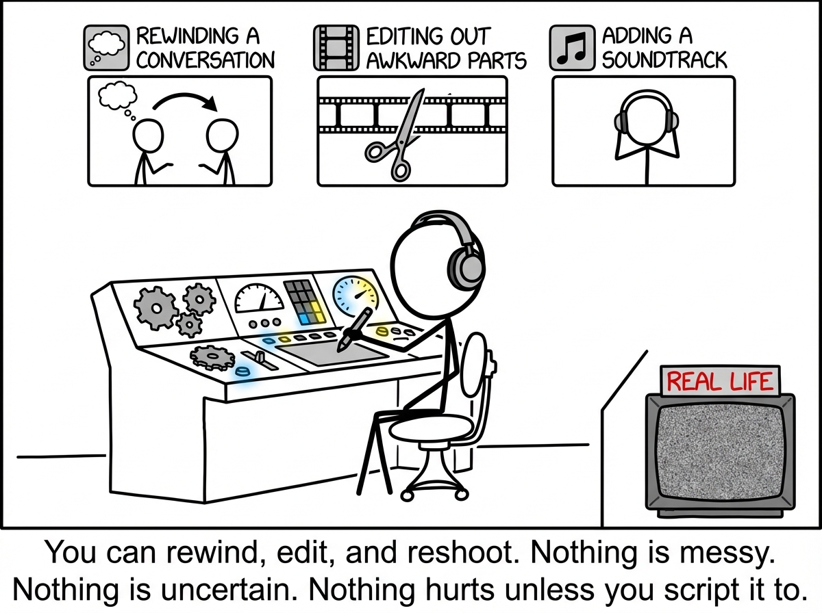 The stick figure adjusting scenes with precision -- rewinding a conversation to make it go better, editing out the awkward parts, adding a soundtrack -- while a small monitor labeled 'REAL LIFE' in the corner shows static
