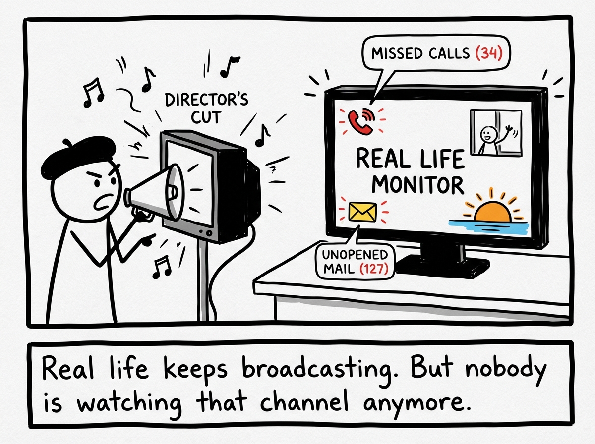 The stick figure so absorbed in directing that they do not notice the REAL LIFE monitor flickering with urgent notifications -- missed calls, unopened mail, a friend waving goodbye, the sun setting and rising unwatched