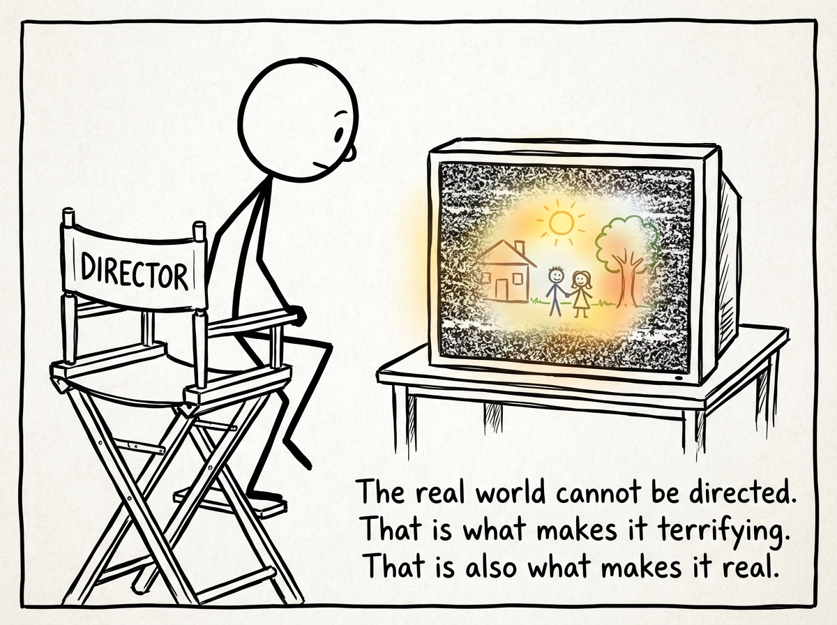 The stick figure stepping off the director's chair and looking at the static-filled real life monitor, which slowly starts to clear, showing an imperfect but warm scene of an ordinary day waiting to be lived