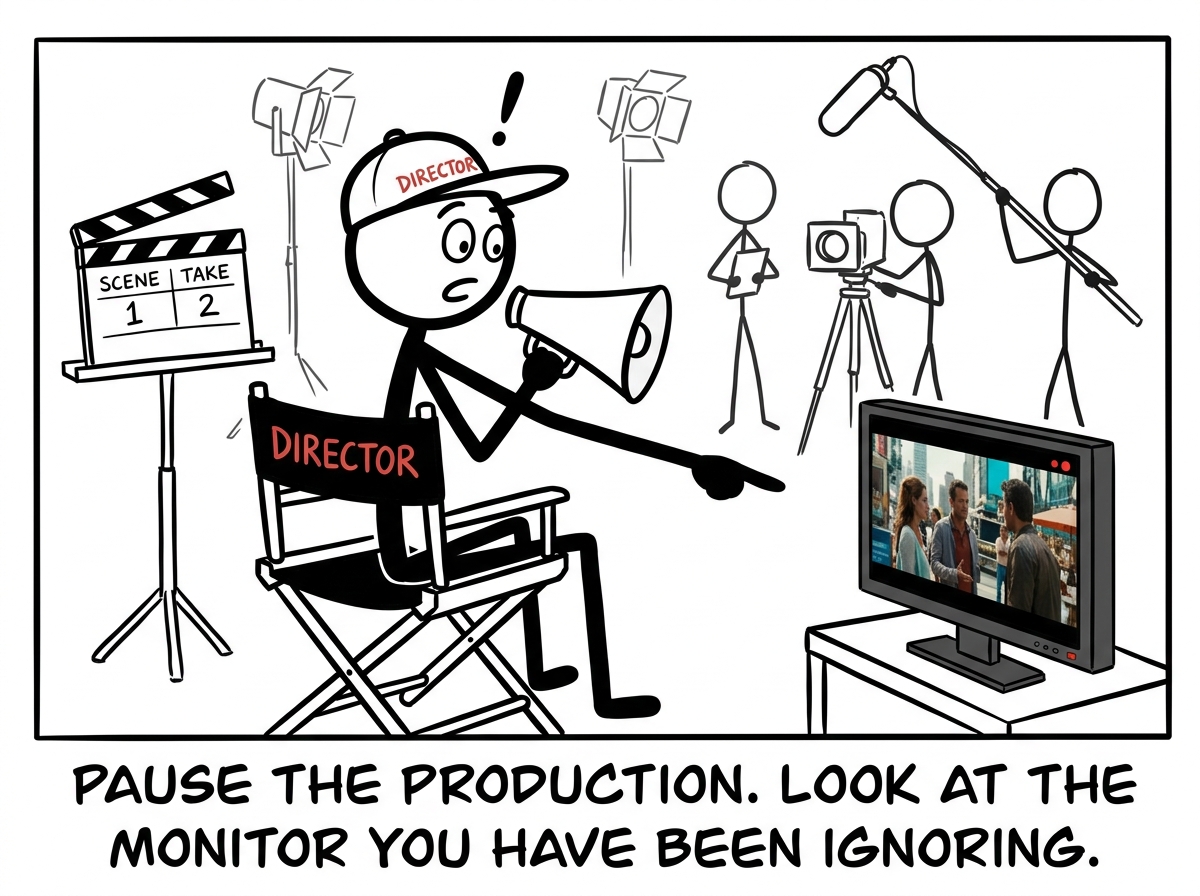A stick figure in the director's chair, pausing mid-scene, noticing the REAL LIFE monitor in the corner and choosing to look at it