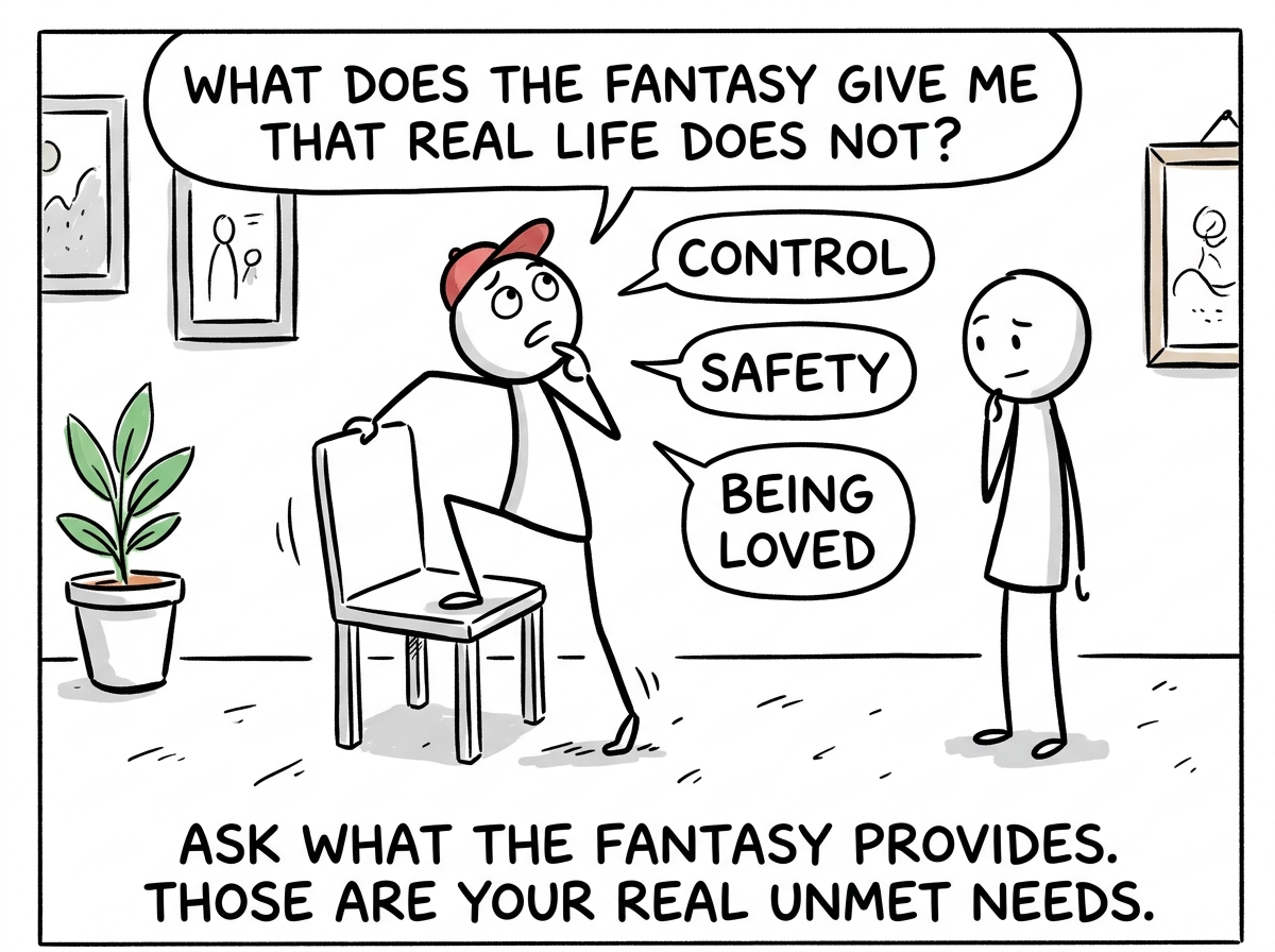 The stick figure stepping down from the chair and asking 'What does the fantasy give me that real life does not?' with answers appearing: control, safety, being loved