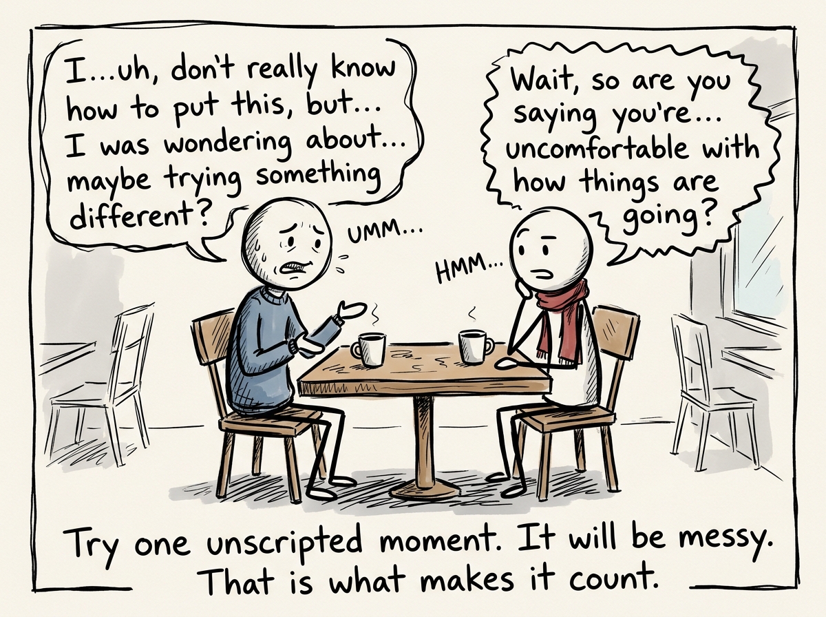 The stick figure in an unscripted real conversation with another person, uncomfortable and imperfect, but genuinely present