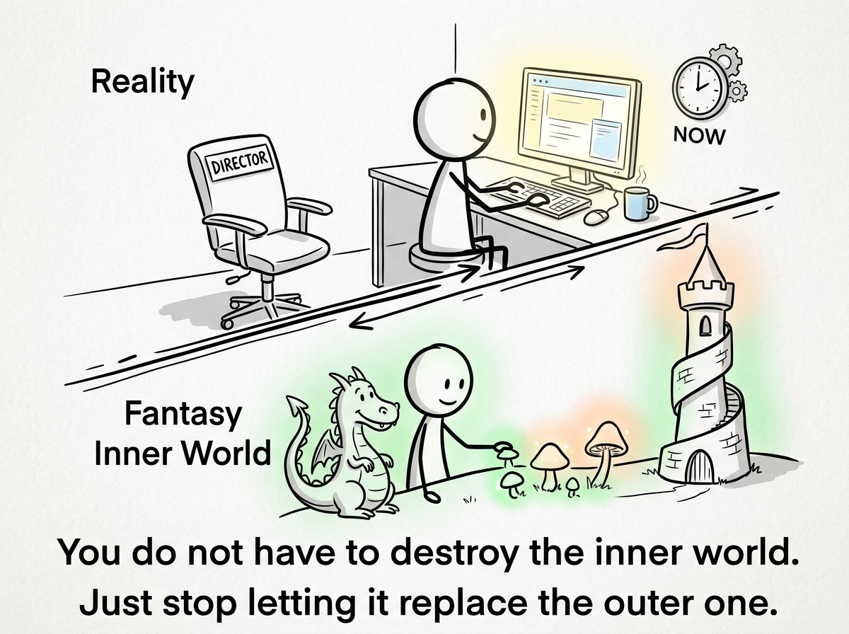 The stick figure splitting time between the fantasy and reality, the real-life monitor now brighter and clearer, the director's chair still there but used less