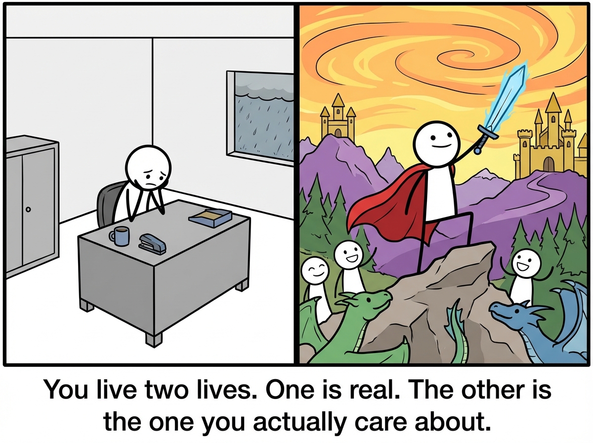 A split screen showing the same stick figure in two scenes -- on the left, they sit at a boring gray desk in a dull office, and on the right, they stand as a hero in a vivid, colorful fantasy world full of adventure and connection