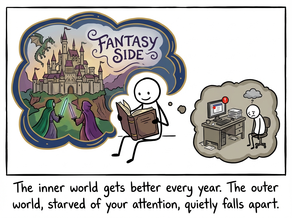 The fantasy side growing larger and more detailed -- richer colors, deeper relationships, more elaborate scenes -- while the real-life side shrinks, the desk gathering dust, notifications piling up unread