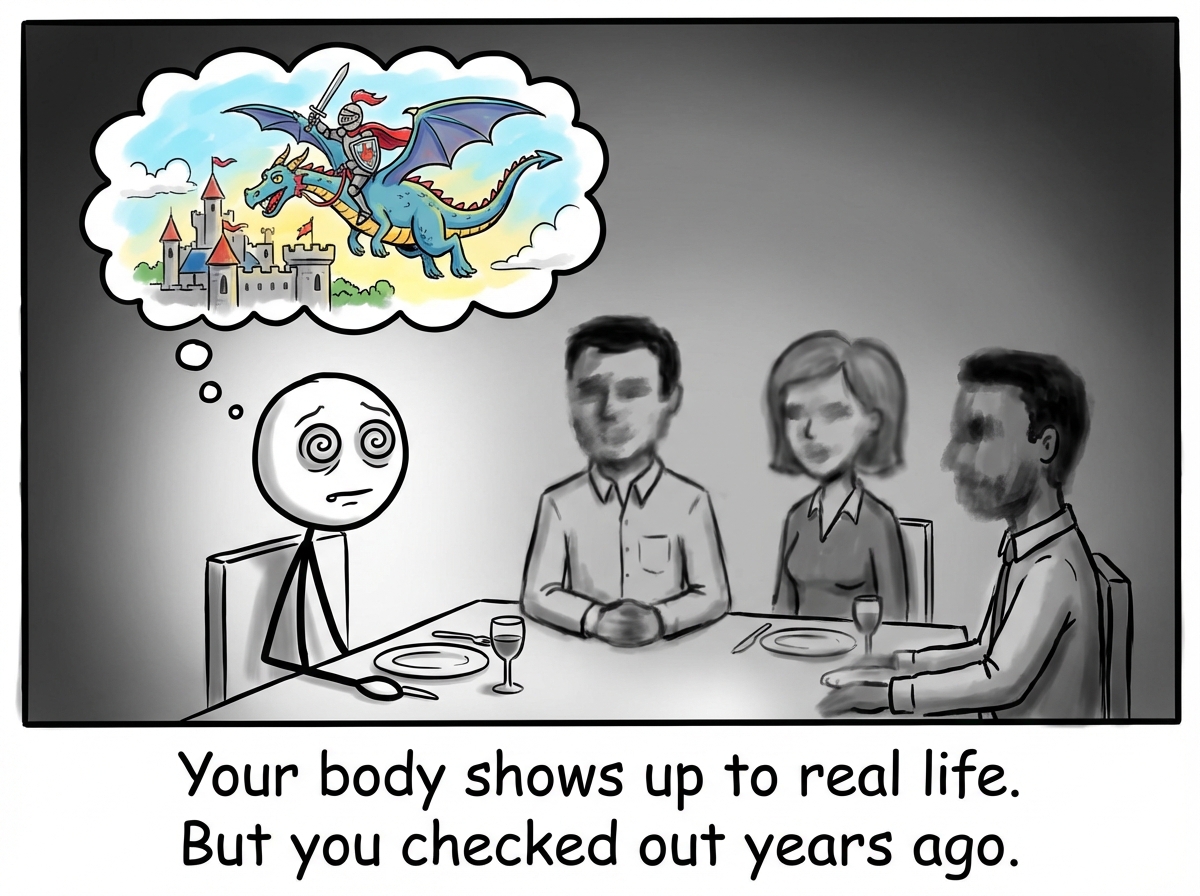 The stick figure physically present at a dinner with real people, but their eyes are glazed, a thought bubble showing the fantasy world playing like a movie in their head, the real people's faces blurring