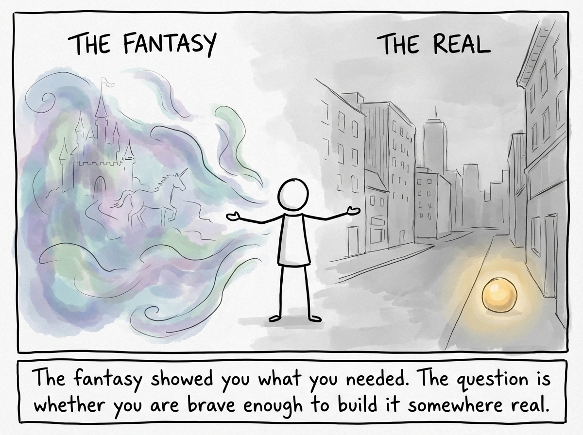 The stick figure standing between both worlds, the fantasy fading slightly at the edges to reveal that it is hollow -- beautiful but empty -- while the gray real world has a small, genuine warm light in the corner that was always there