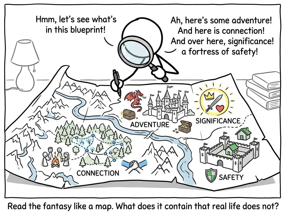 A stick figure examining the fantasy world like a blueprint, identifying what it contains: connection, significance, safety, adventure