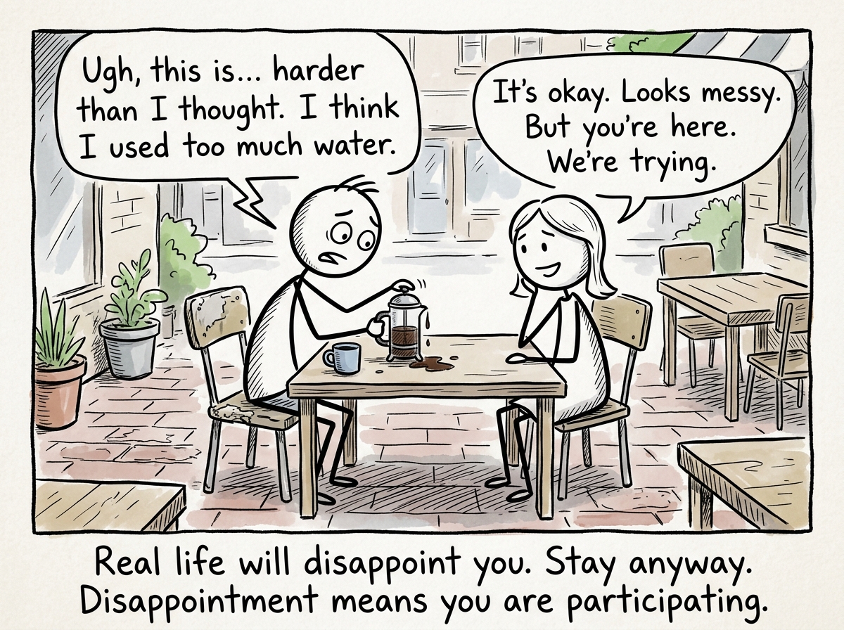 The stick figure in an imperfect real-world scene -- an awkward conversation, a messy first attempt -- but present and engaged for the first time