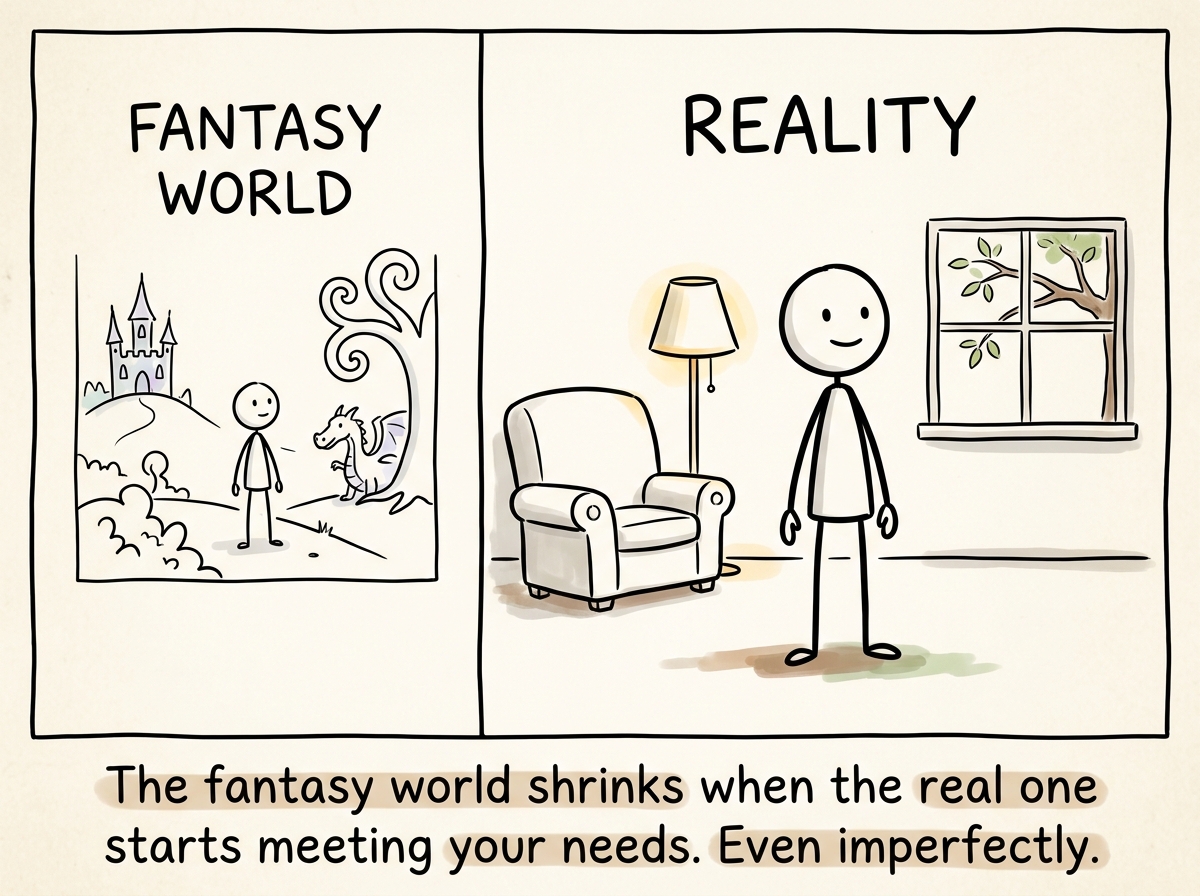 The split screen now more balanced -- the fantasy side smaller, the real-life side gaining color and warmth, the stick figure standing in reality by choice