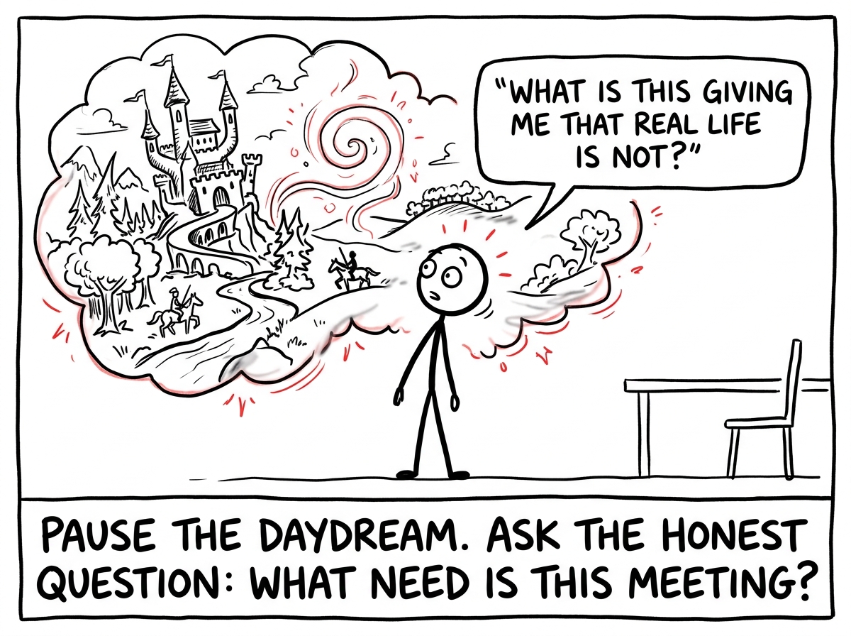 A stick figure pausing mid-daydream, noticing the fantasy world around them, and asking 'What is this giving me that real life is not?'