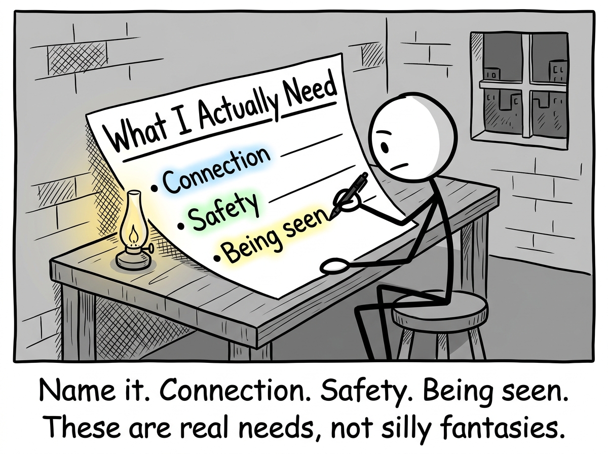 The stick figure writing down what the fantasy provides -- connection, safety, being seen -- on a list labeled 'What I Actually Need'