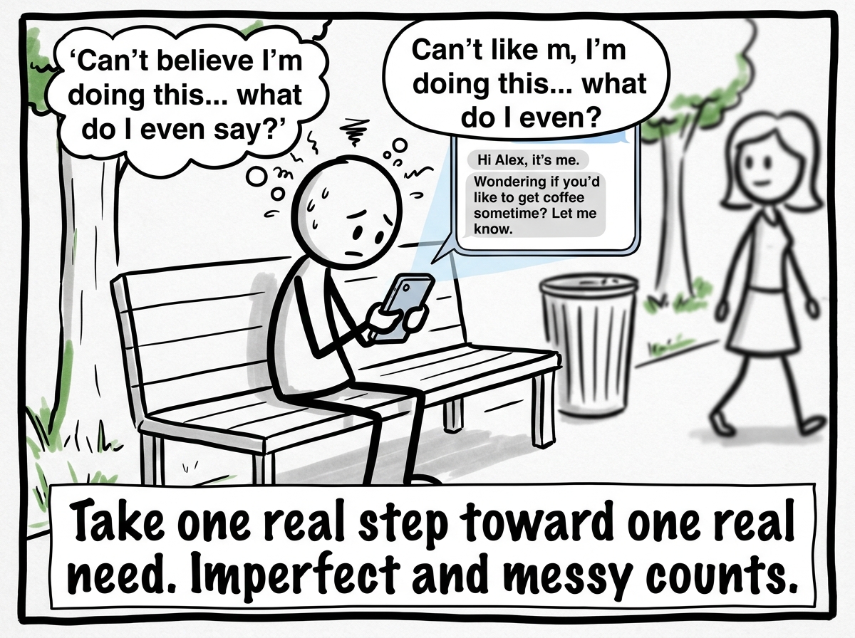 The stick figure taking one small real-world action -- texting a friend, joining a group, trying something new -- that matches a need from the list