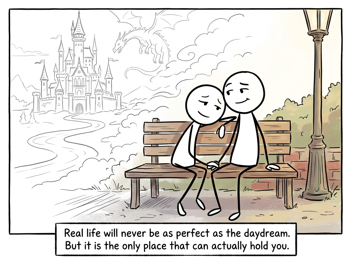 The stick figure in a real, imperfect moment of connection with another person, the fantasy world fading in the background, real life gaining color