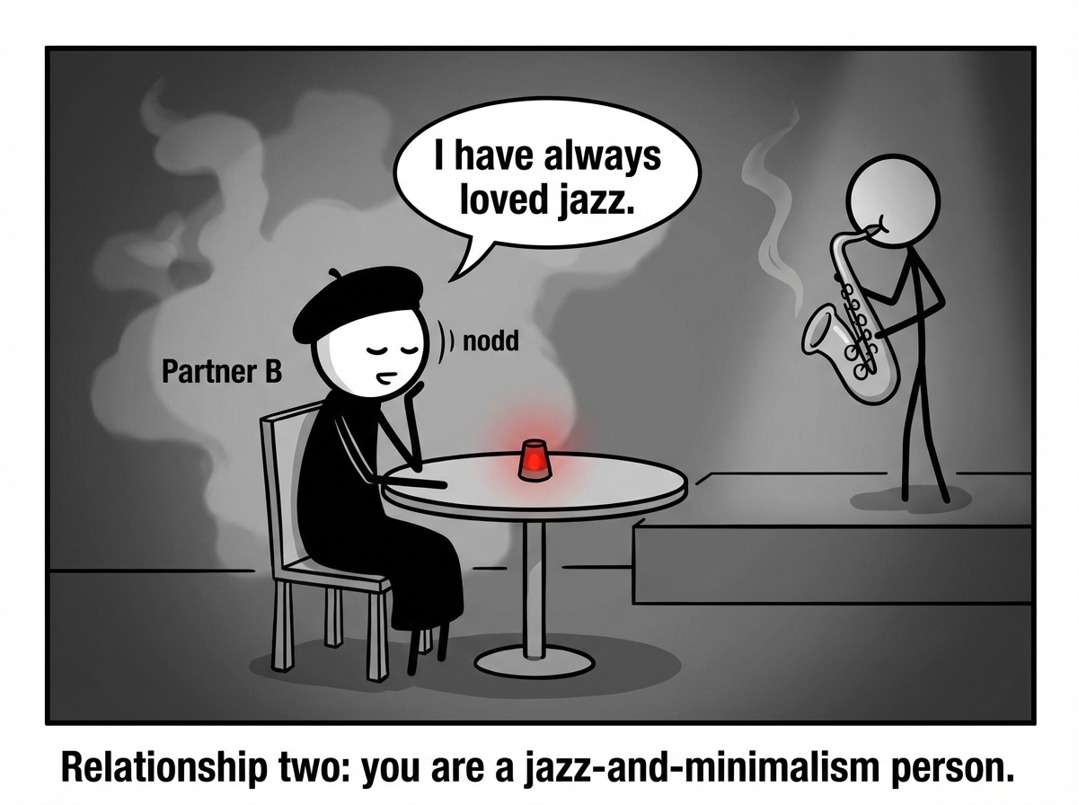 The same stick figure with Partner B, now wearing all black at a jazz club, nodding thoughtfully and saying 'I have always loved jazz'
