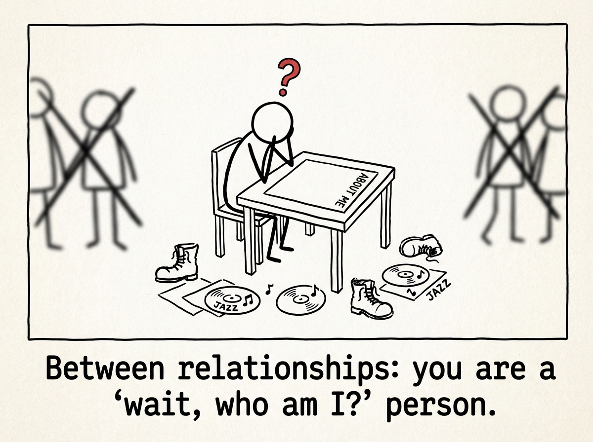 The figure sitting alone between relationships, staring at a completely blank 'About Me' page with a confused expression, surrounded by discarded hiking boots and jazz records
