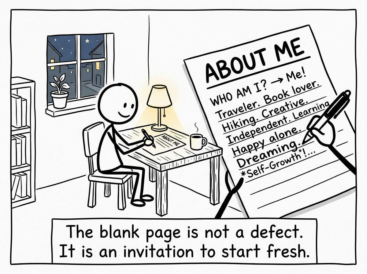 A stick figure between relationships, sitting alone with a blank 'About Me' page, choosing to fill it themselves instead of waiting for a partner