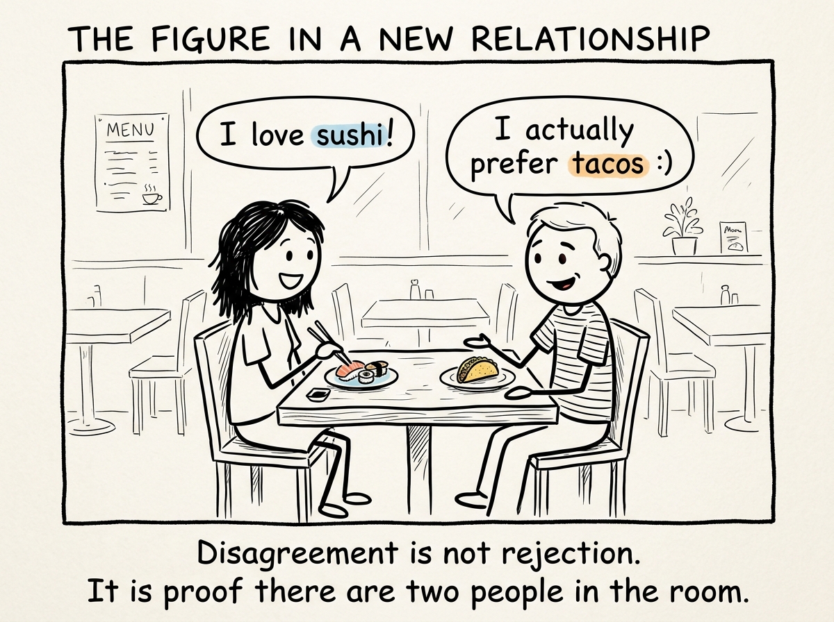The figure in a new relationship, their partner saying 'I love sushi' and the figure responding honestly 'I actually prefer tacos' with a small grin