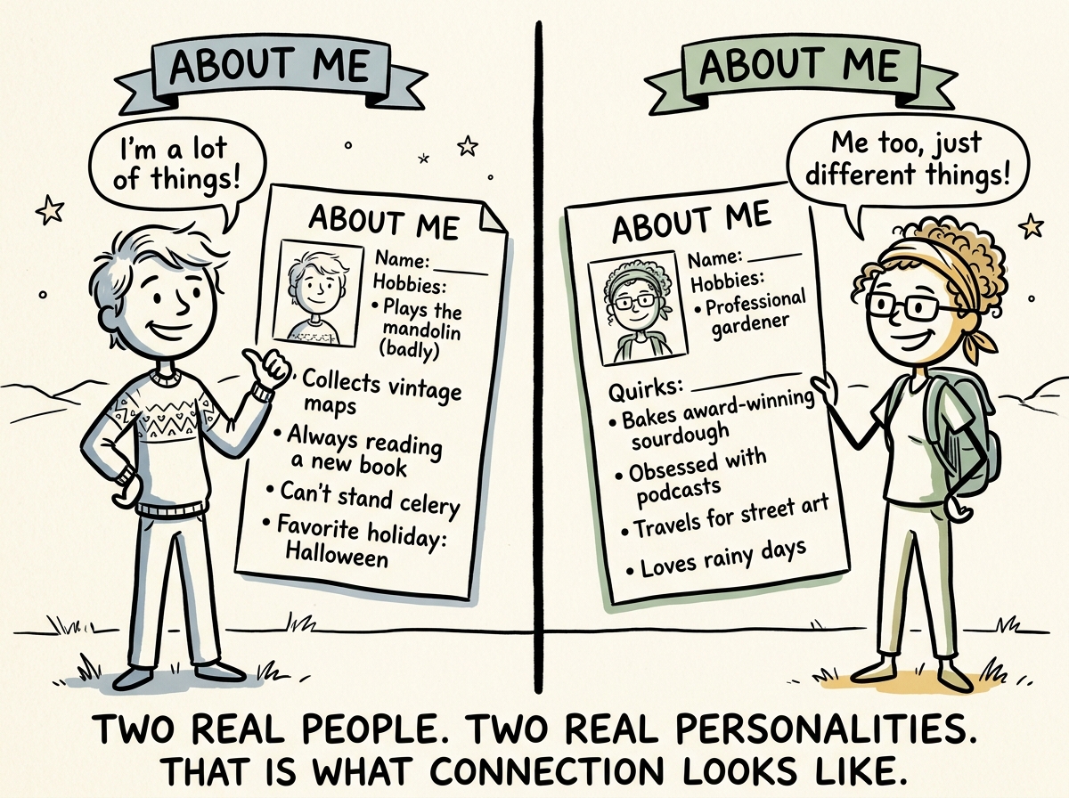 The figure with a filled-out About Me page, unique and specific, standing confidently next to a partner who has their own distinct page