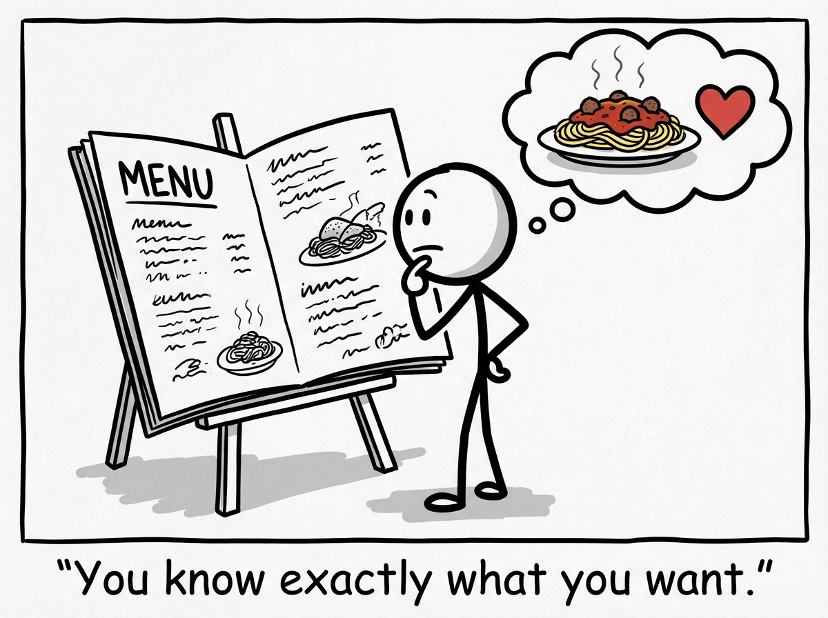 A stick figure looking at a restaurant menu with a thought bubble showing a delicious plate of pasta with a heart next to it