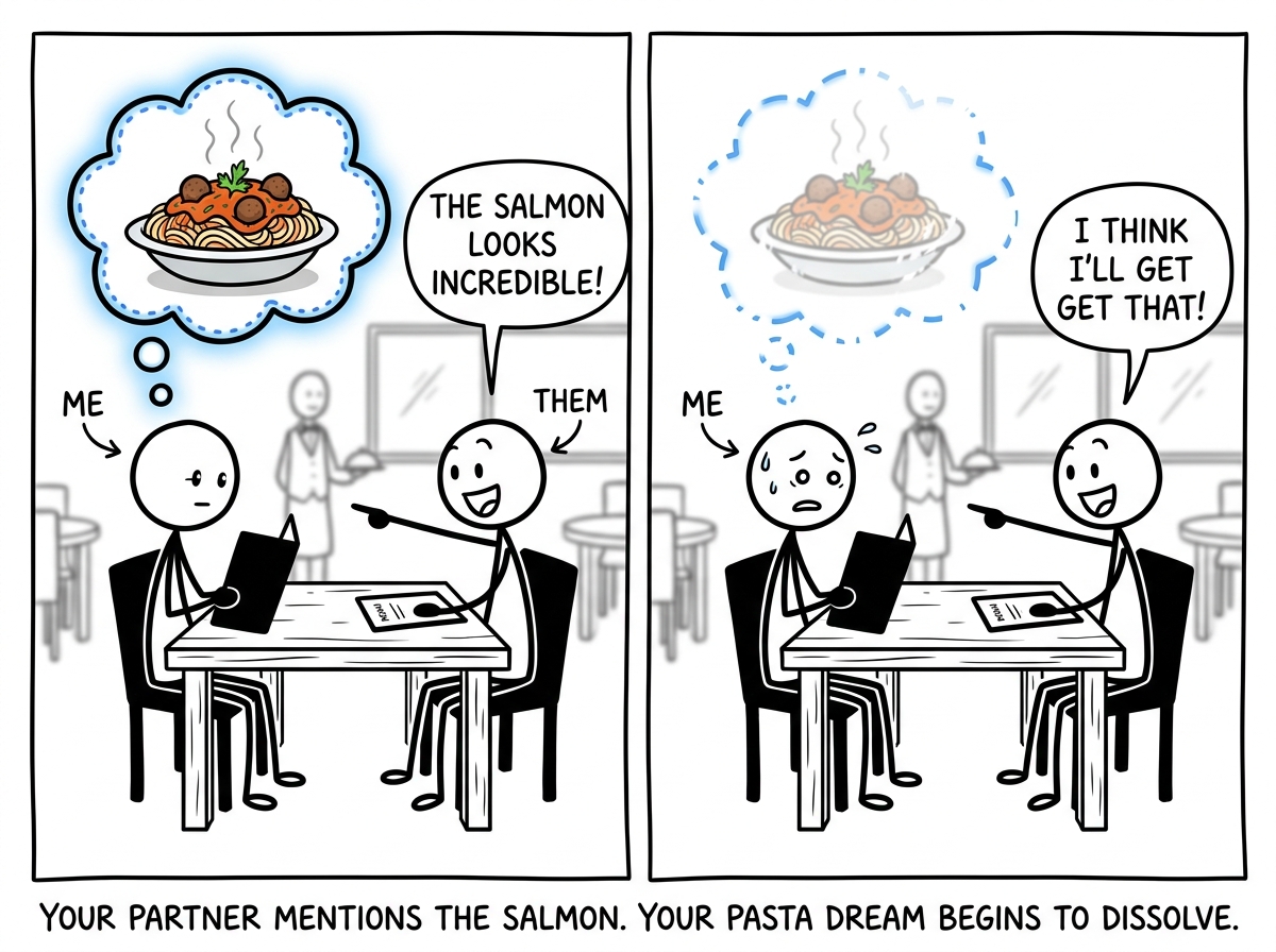 Their partner pointing at the menu enthusiastically saying 'The salmon looks incredible' while the first figure's pasta thought bubble starts to flicker and fade