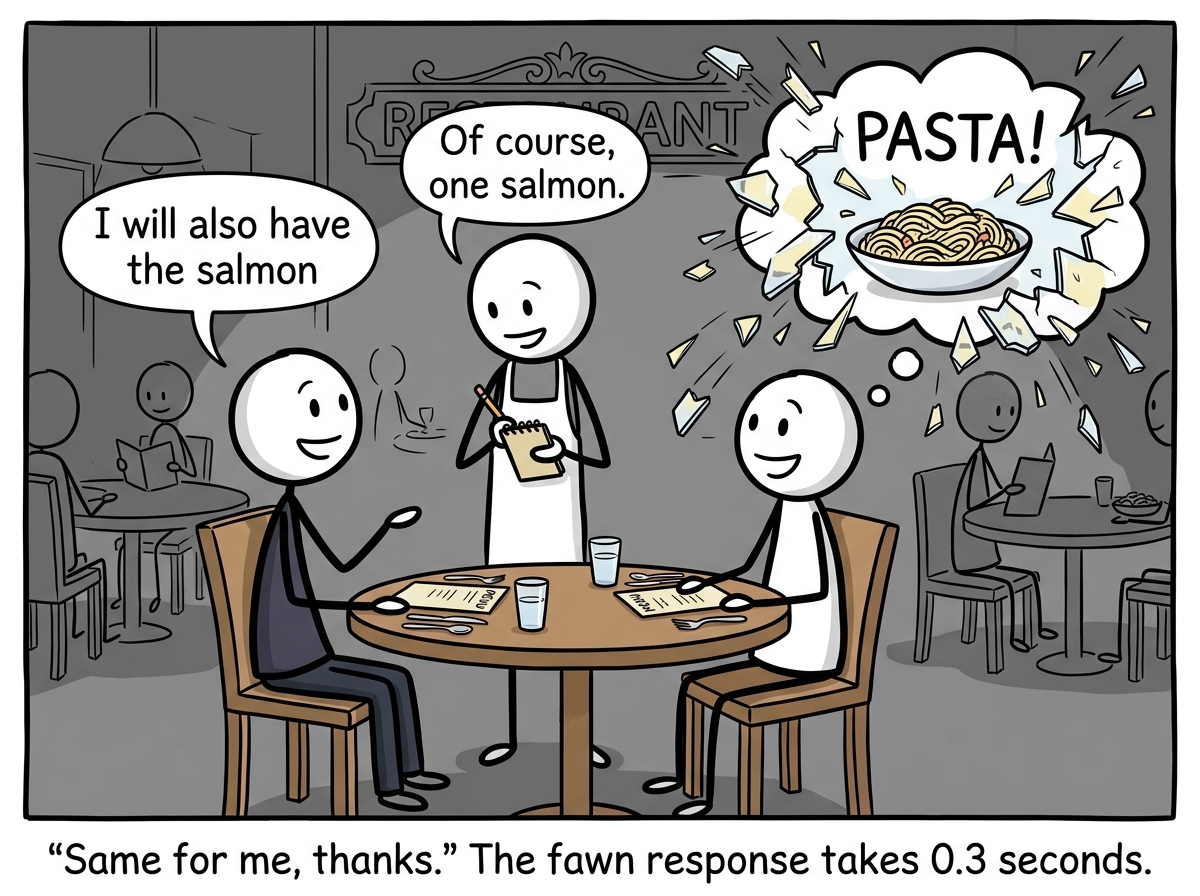 The first figure smiling and telling the waiter 'I will also have the salmon' while their original pasta thought bubble shatters like glass in the background