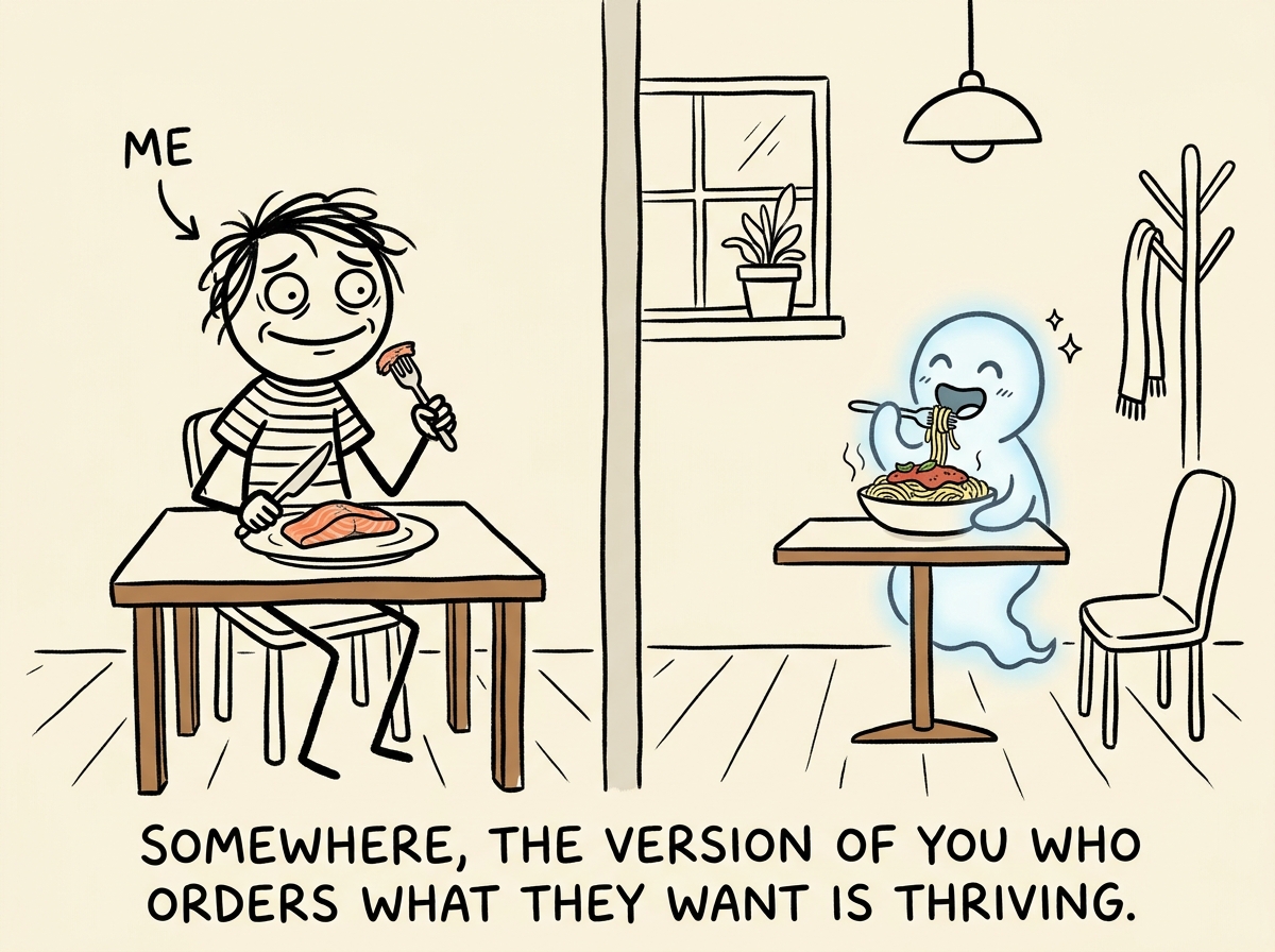 The figure eating salmon with a frozen smile while a tiny ghost version of themselves sits at another table happily eating pasta alone