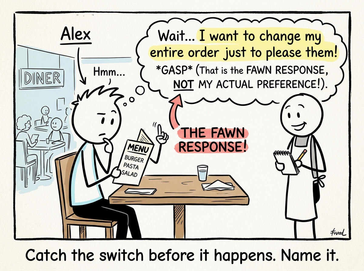 A stick figure at a restaurant, noticing the urge to change their order, pausing to label it: 'That is the fawn response, not my actual preference'