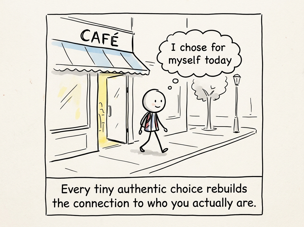 The figure walking out of the restaurant feeling a small but real sense of pride, with a thought bubble: 'I chose for myself today'