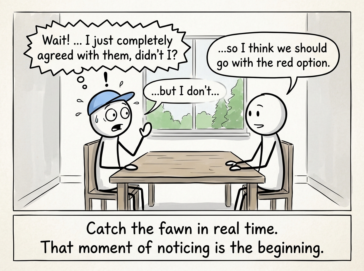 A stick figure noticing they just changed their opinion to match someone else, pausing mid-sentence with a surprised expression
