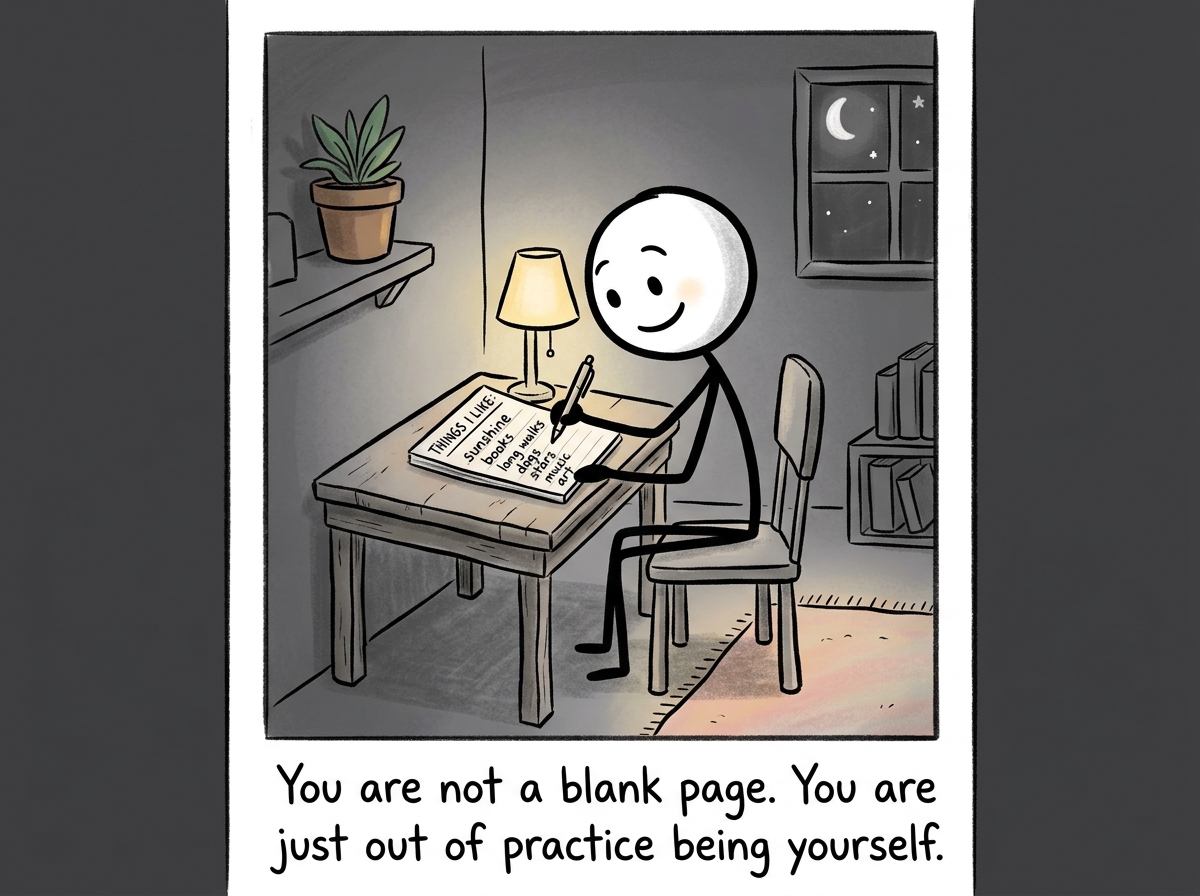 The stick figure alone, writing a list of things they actually like, with a small but genuine smile forming