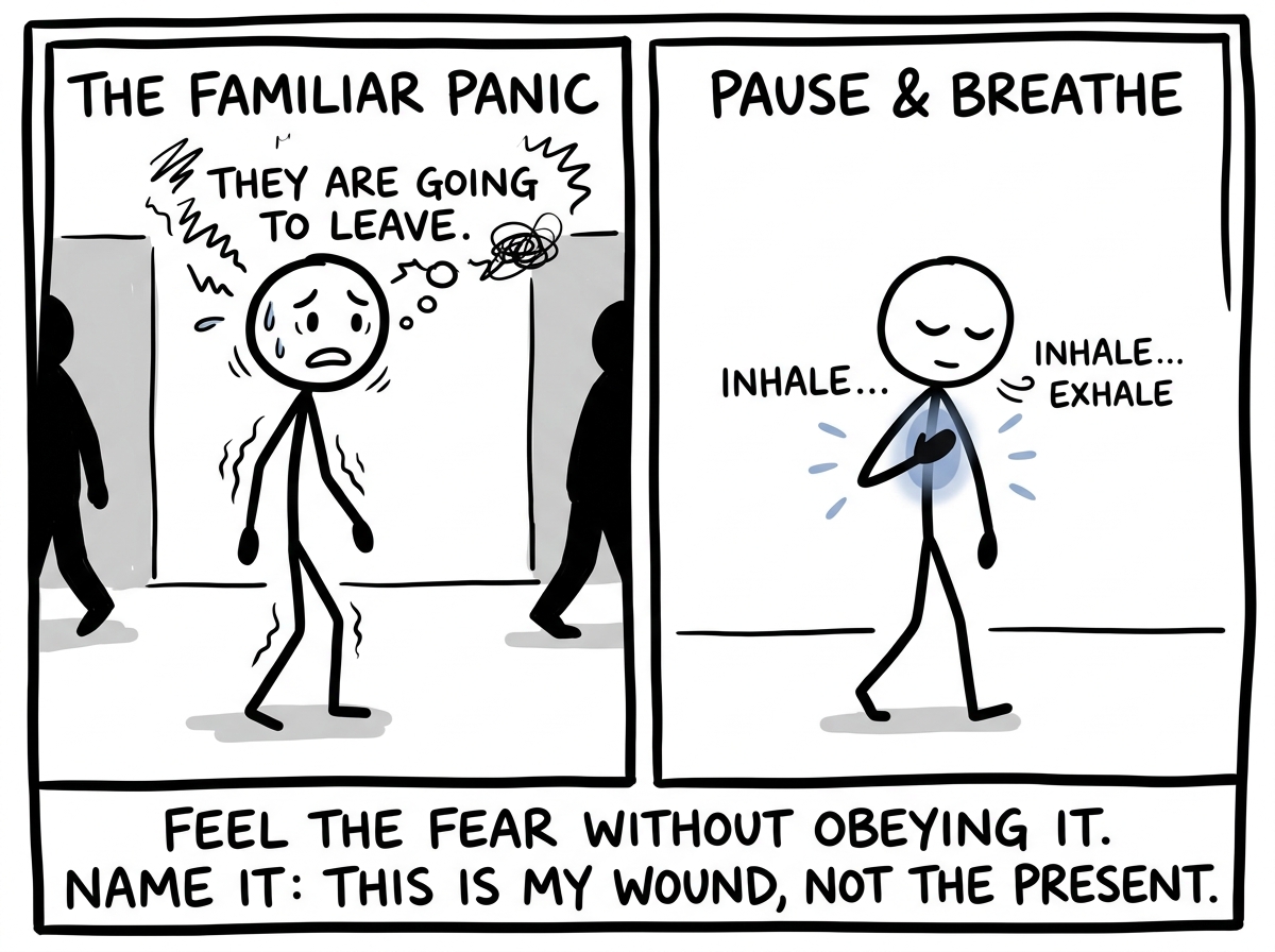 A stick figure feeling the familiar panic of 'they are going to leave,' pausing to put a hand on their own chest and breathe
