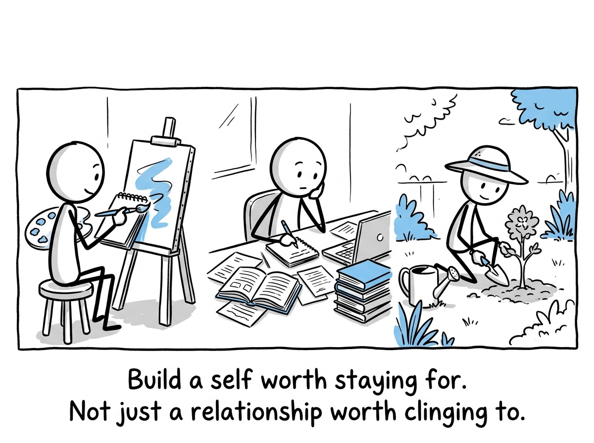 The stick figure doing something meaningful alone -- at a class, with friends, working on a project -- building a life that is theirs