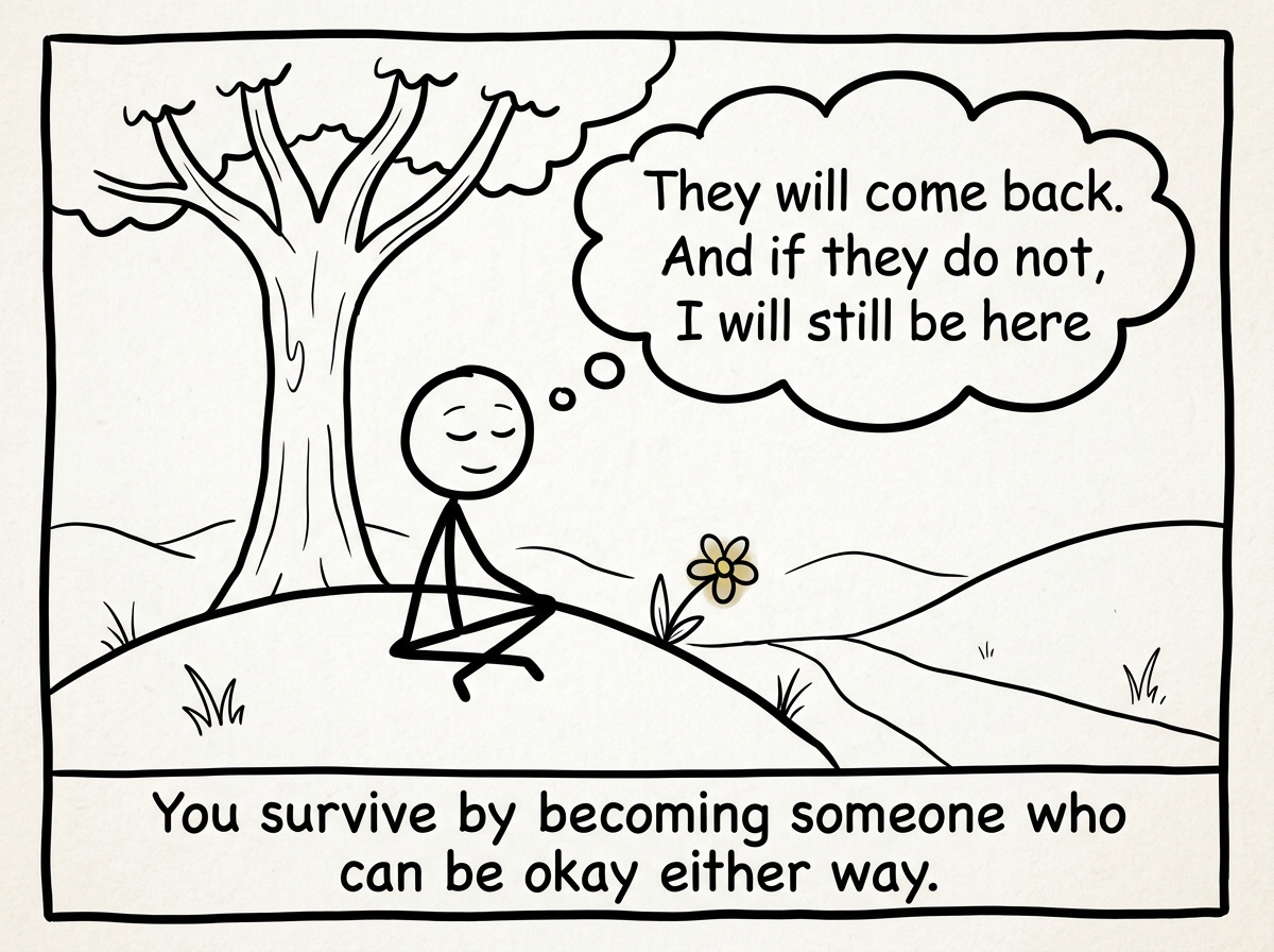 The stick figure sitting peacefully while their partner is away, a thought bubble reading 'They will come back. And if they do not, I will still be here'