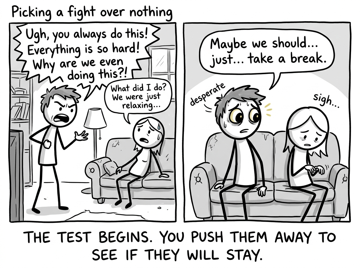 The stick figure picking a fight over nothing, saying 'Maybe we should just take a break' while secretly watching their partner's reaction with desperate, searching eyes