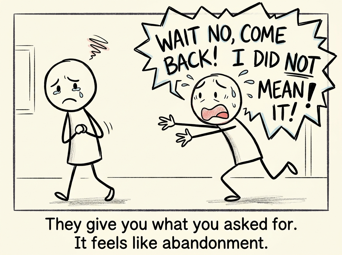 The partner stepping back, looking hurt and confused, giving space. The stick figure immediately panicking, reaching toward them with a thought bubble screaming 'Wait no, come back! I did not mean it!'