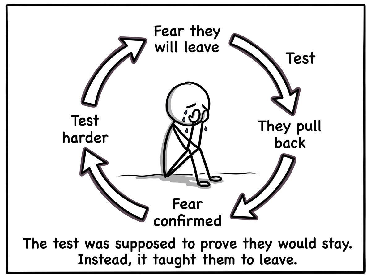 The stick figure alone, looking devastated, surrounded by a cycle diagram showing: 'Fear they will leave → Test them → They pull back → Fear confirmed → Test harder.' The cycle has no exit