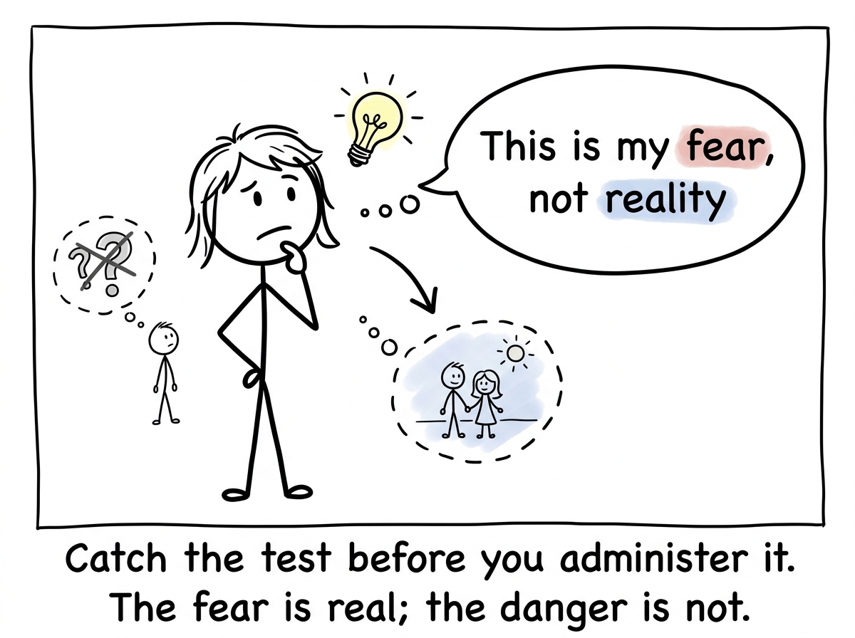 A stick figure feeling the urge to test their partner, pausing and recognizing the thought: 'This is my fear, not reality'