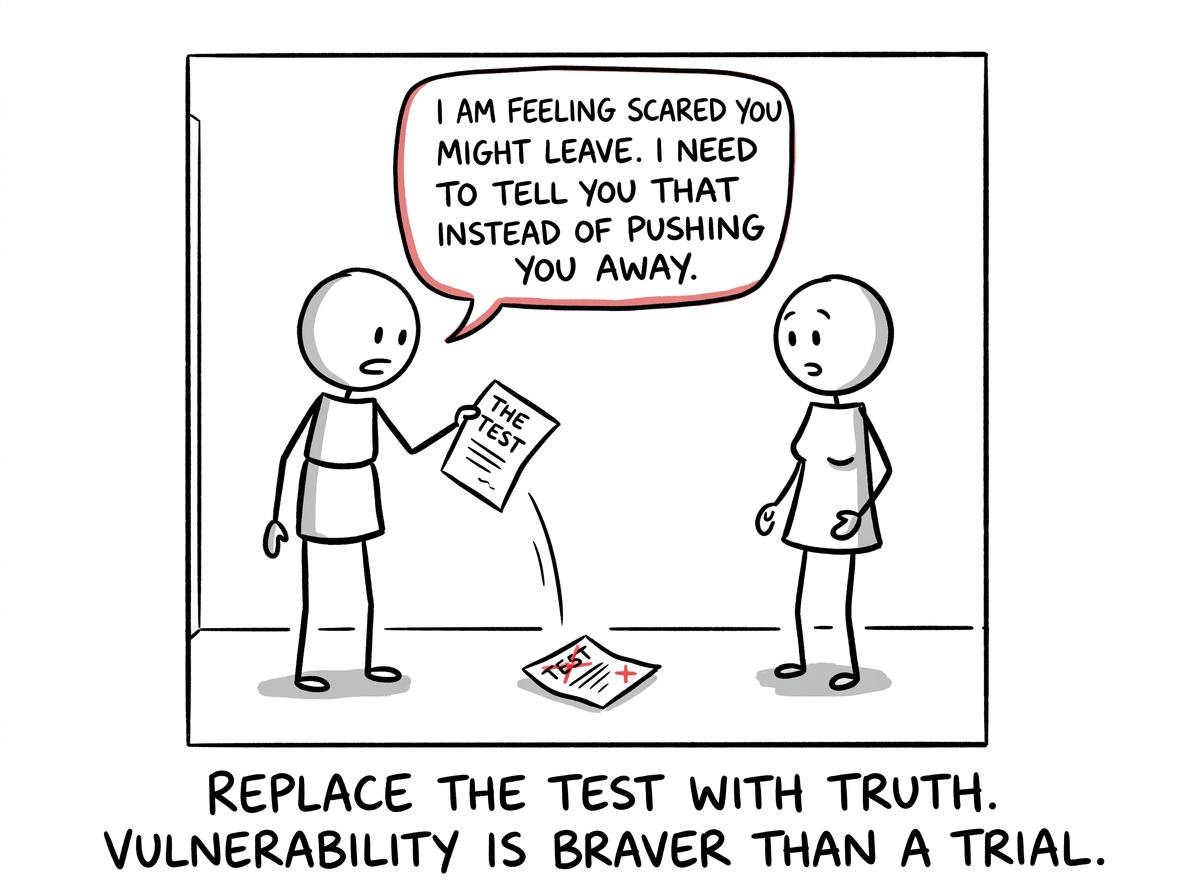 The figure choosing honesty instead of a test, saying 'I am feeling scared you might leave. I need to tell you that instead of pushing you away'