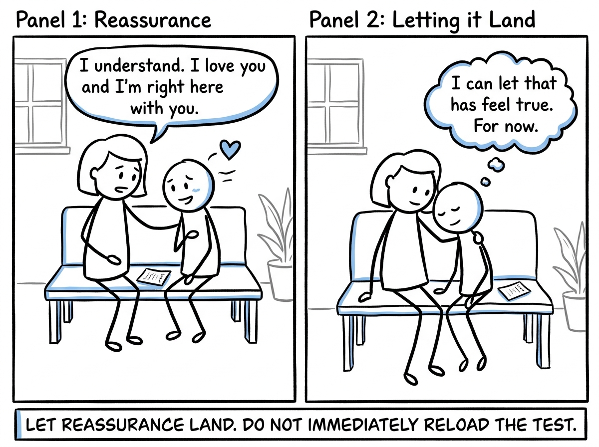 The partner responding with reassurance, and the figure sitting with it instead of immediately needing more proof