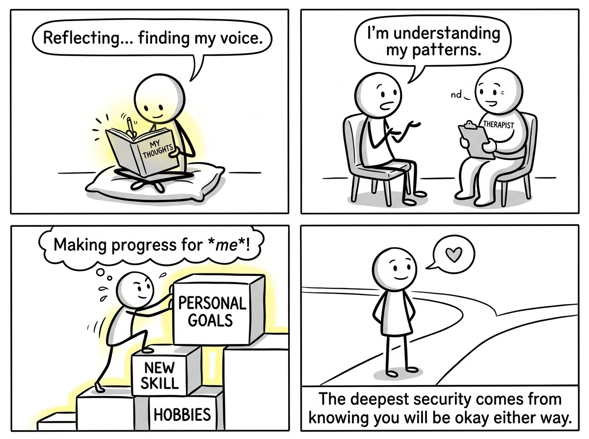 The figure building their own sense of worth independently -- journaling, in therapy, pursuing goals -- separate from the relationship